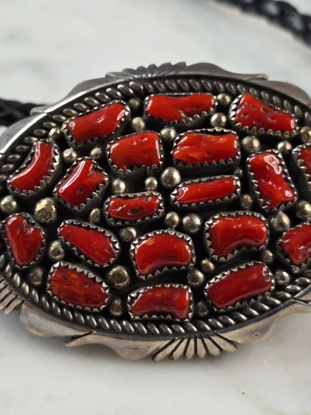 Southwestern Native American Sterling Silver Coral Bolo Tie E643
